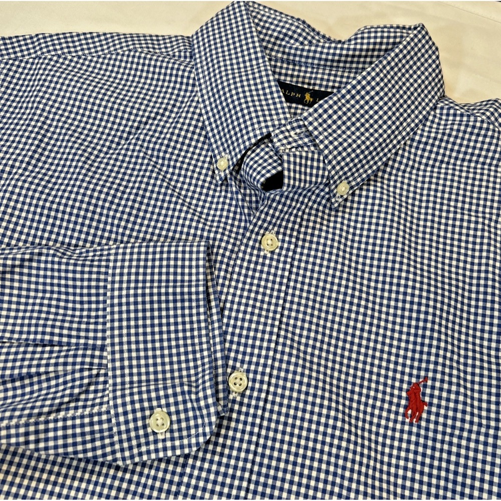 Mens Ralph Lauren Blue White Gingham‎ Check Button Down Long Sleeve Shirt Size L